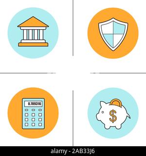 Banken und Finanzen Symbole farbige Symbole gesetzt. Bank Gebäude, Schutzschild, Rechner, Sparschwein mit Münze. Gerichtsgebäude. Vektor isoliert illustratio Stock Vektor
