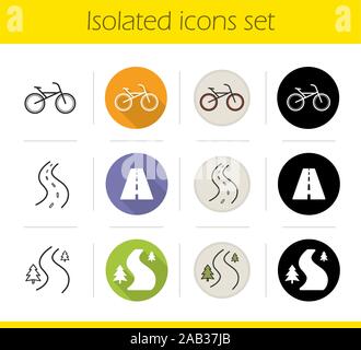 Radfahren Symbole gesetzt. Flache Bauweise, linear, Schwarz und Farbe. Fahrrad, Autobahn und geschwungene Landstraße. Isolierte Vektorgrafiken Stock Vektor