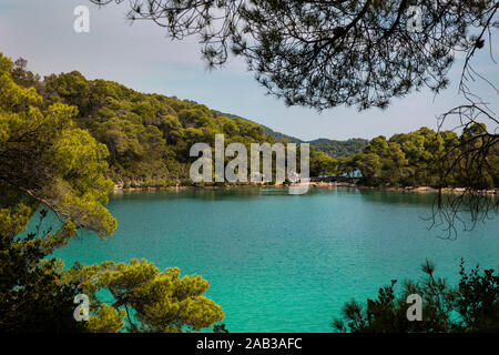 Salzwasserseen türkis hell gefärbten Wasser. Kleiner See (Malo jezero) im Nationalpark auf der Insel Mljet, Kroatien Europa. Mediterrane coas Stockfoto