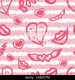 Nahtlose Muster mit Streifen und hand Skizzen für Valentinstag, kann auf Textilien, Tapeten gedruckt werden, Geschenkpapier, Grußkarten, Logo, Banner, Landing Page. Vector Illustration. EPS 10. Stock Vektor
