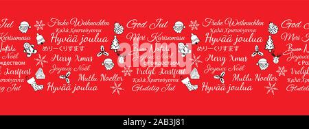 Die nahtlose Vektor horizontalen Rand mit Weihnachtsgrüße in verschiedenen Sprachen mit Hand gezeichnet Weihnachten doodles. Stock Vektor