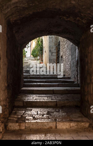 Schmalen alten mediterranen Straße mit einem Bogen Treppen in Korcula. Rauer Stein Häuser und Fassaden und grünen Pflanzen in Dalmatien, Kroatien. Historischer Ort Stockfoto