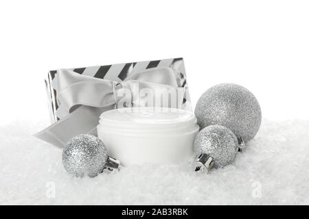 Stellen Sie Kosmetika, Glas winter Creme für die Haut, Geschenkbox auf weißem Hintergrund Stockfoto