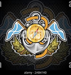 Anker mit Kompass, Gold Crown zwischen Kranz und Fahnen auf der Tafel. Sport Logo für Yachting und Sailing Team oder Meisterschaft Stock Vektor