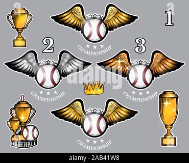 Baseball Bälle mit Flügel Tassen und Krone. Vektor einrichten des Sports Logo für jedes Team und Meisterschaft Stock Vektor