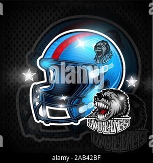 Blau American football Helme mit Wolfskopf label Team auf Sie. Stock Vektor