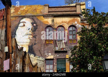 Wandmalerei Kunst durch El Nino de las pinturas rund um die Plaza Joe Strummer in der Stadt Granada, Andalusien, Spanien Stockfoto