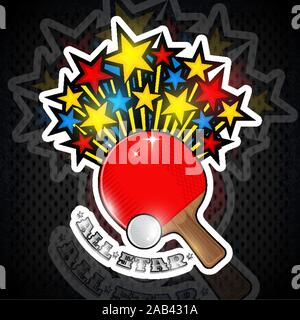 Farbe Sternen fliegen aus roten Ping pong Schläger mit Ball All star Göreme. Sport Logo für jedes Team oder Meisterschaft auf Weiß Stock Vektor