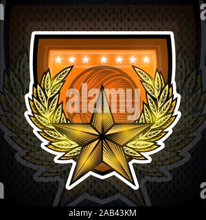 Golden Star mit Lorbeerkranz in der Mitte auf den Schild mit Basketball Ball. Sport Logo für jedes Team oder den Wettbewerb Stock Vektor