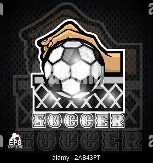 Hand Ball in der Mitte der Fußball Ziel net mit Text Fußball. Sport Logo für Fußball oder Soccer Team Stock Vektor