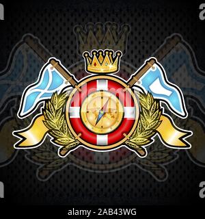 Rettungsring mit Krone in der Mitte der goldenen Kranz zwischen Flügel und Fahnen. Sport Logo für Yachting und Sailing Team oder Meisterschaft Stock Vektor