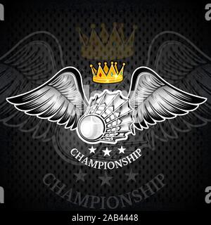 Federball zwischen Flügeln auf der Tafel. Sport Logo für alle Badminton Team oder Meisterschaft Stock Vektor