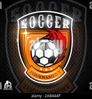 Soccer ball mit Feuer Trail im Zentrum des goldenen Schild. Sport Logo für die Fußball-Nationalmannschaft Stock Vektor