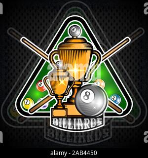 Pyramide von Billardkugeln mit gekreuzten Cues in der Mitte des Dreiecks grün Billardtisch. Sport Logo für Billard Spiel oder Meisterschaft Stock Vektor