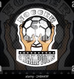 Zwei Hände halten Ball mit Text Fußball. Sport Logo für Fußball oder Soccer Team Stock Vektor