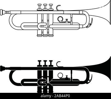 Trompete Symbole gesetzt. Blechblasinstrument. Dünne Linie und Silhouette Vektor Stock Vektor