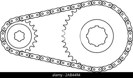 Kettenrad und Rollenkette. Mechanische Getriebe. Vektor, dünne Linie Stock Vektor