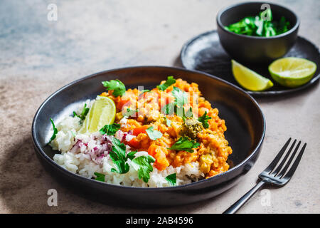 Vegetarische Linsensuppe Eintopf mit Reis in einer schwarzen Platte, kopieren. Gesunde vegane Ernährung Konzept. Stockfoto