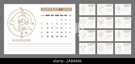 Vektor Kalender 2020 druckbare Vorlage. Neues Jahr Tage im minimalistischen Stil, Sternzeichen, sternbilder auf einem weißen Hintergrund. Astrologische Horoskop. W Stock Vektor