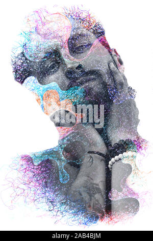 Paintography. Double Exposure Portrait eines bärtigen Mann mit den Händen auf die Wangen kombiniert mit handgefertigtem Gemälde von Maze wie Wellenlinien und bunten ... Stockfoto