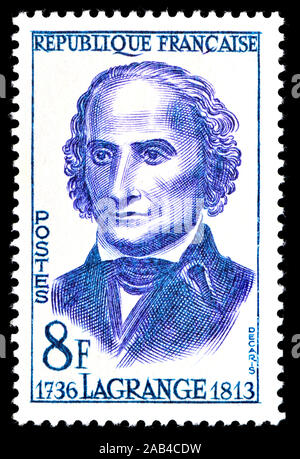 Französische Briefmarke (1958): Joseph-Louis Lagrange (1736-1813) oder Giuseppe Luigi Lagrange/Lagrangia - Italienische Aufklärung Mathematiker und.... Stockfoto