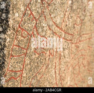 Wikingerzeit runic Inschrift auf einem runenstein in Eneberga. Frösunda Parish, Enköping, Uppland, Schweden, Skandinavien.. Stockfoto