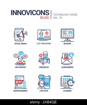 Blog Concept Line Design style Icons einstellen Stock Vektor