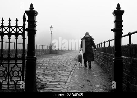 Einsame Hund Walker auf der Promenade am Ogden Wasser Naturschutzgebiet, Halifax, Großbritannien Stockfoto