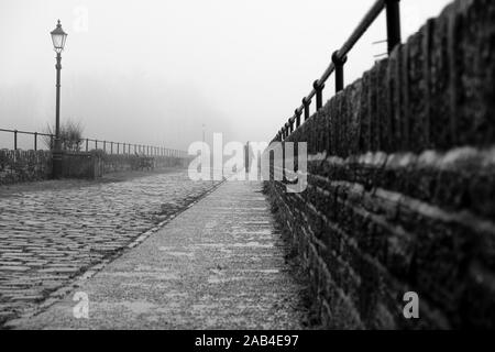 Einsame Hund Walker auf der Promenade am Ogden Wasser Naturschutzgebiet, Halifax, Großbritannien Stockfoto