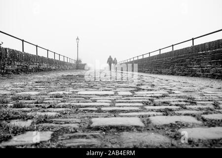 Die Spaziergänger auf der Promenade am Ogden Wasser Naturschutzgebiet, Halifax, Großbritannien Stockfoto