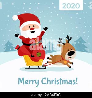 Weihnachtsmann mit Hirsch auf Schlitten mit Beutel der Geschenke Poster. Frohe Weihnachten und guten Rutsch ins neue Jahr. Urlaub Grußkarte. Isolierte Vector Illustration. Stock Vektor