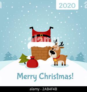 Santa Claus klemmt im Schornstein Poster. Rotwild, Beutel der Geschenke und Weihnachtsbaum. Frohe Weihnachten und guten Rutsch ins neue Jahr. Urlaub Grußkarte Stock Vektor