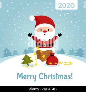 Santa Claus klemmt im Schornstein Poster. Girlande, Beutel der Geschenke und Weihnachtsbaum. Frohe Weihnachten und guten Rutsch ins neue Jahr. Urlaub Grußkarte Stock Vektor