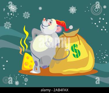 Vector Illustration der niedlichen Maus Charakter mit Sack Geld auf Türkisfarbenem Hintergrund. Vektor cartoon Lager Abbildung. Winter Urlaub, Heiligabend Stock Vektor