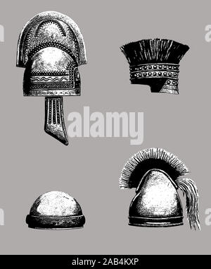 Antike griechische, sumerischen, persische Helme Zeichnung. Bronze Helm set Abbildung. Stockfoto