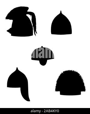 Antike griechische, sumerischen, persische Helme Zeichnung. Bronze Helm set Abbildung. Stockfoto