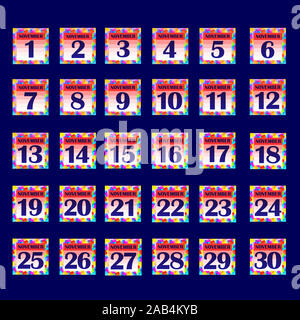 Schaltflächen mit Kalender Termine für den Monat November. Die für die Planung wichtigen Tage. Banner für Feiertage und besondere Tage. Abbildung mit dunklem Hintergrund. Stockfoto