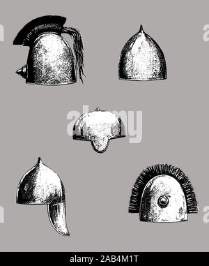 Antike griechische, sumerischen, persische Helme Zeichnung. Bronze Helm set Abbildung. Stockfoto