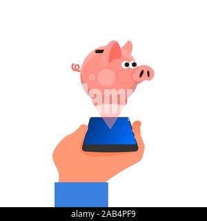 Kaukasische menschliche Hand, die smart phone mit rosa Sparschwein Symbol über es. Konzept der finanziellen Bank Anwendung für die elektronische Gerät. Isoliert auf Stock Vektor
