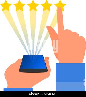 Kaukasische menschliche Hand, die smart phone mit fünf gelbe Sterne über es, persn gibt ein Rating online. Konzept der Energie- und Stregth. Auf weiß Isoliert Stock Vektor