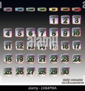 Schaltflächen mit Kalender Termine für den Monat November. Die für die Planung wichtigen Tage. Banner für Feiertage und besondere Tage. Vector Illustration mit schwarzem Hintergrund. Stock Vektor