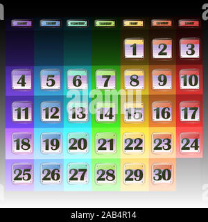 Schaltflächen mit Kalender Termine für den Monat November. Die für die Planung wichtigen Tage. Banner für Feiertage und besondere Tage. Bild mit schwarzem Hintergrund. Stockfoto