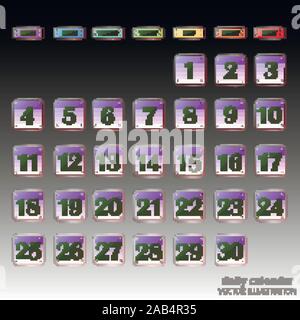 Schaltflächen mit Kalender Termine für den Monat November. Die für die Planung wichtigen Tage. Banner für Feiertage und besondere Tage. Vector Illustration mit schwarzem Hintergrund. Stock Vektor