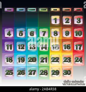 Schaltflächen mit Kalender Termine für den Monat November. Die für die Planung wichtigen Tage. Banner für Feiertage und besondere Tage. Vector Illustration mit schwarzem Hintergrund. Stock Vektor