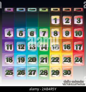 Bunte Kalender für November 2019 in spanischer Sprache. Schaltflächen mit Kalender Termine für den Monat November. Die für die Planung wichtigen Tage. Banner für Feiertage und besondere Tage. Vector Illustration. Stock Vektor