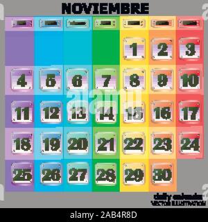 Bunte Kalender für November 2019 in spanischer Sprache. Schaltflächen mit Kalender Termine für den Monat November. Die für die Planung wichtigen Tage. Banner für Feiertage und besondere Tage. Vector Illustration. Stock Vektor