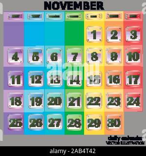Schaltflächen mit Kalender Termine für den Monat November. Die für die Planung wichtigen Tage. Banner für Feiertage und besondere Tage. Vector Illustration mit schwarzem Hintergrund. Stock Vektor