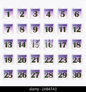 Schaltflächen mit Kalender Termine für den Monat November. Die für die Planung wichtigen Tage. Banner für Feiertage und besondere Tage. Bild mit weißem Hintergrund. Stockfoto