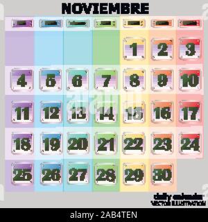 Bunte Kalender für November 2019 in spanischer Sprache. Schaltflächen mit Kalender Termine für den Monat November. Die für die Planung wichtigen Tage. Banner für Feiertage und besondere Tage. Vector Illustration. Stock Vektor