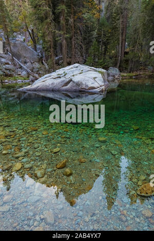 Das grüne Wasser der Kings River in der Cedar Grove Lodge im Kings Canyon National Park, Kalifornien, USA Stockfoto